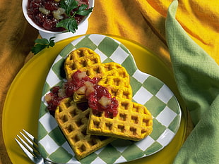 three heart waffles on plate