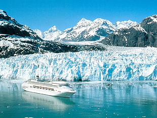 white cruise ship, cruise ship, glaciers, ship, mountains