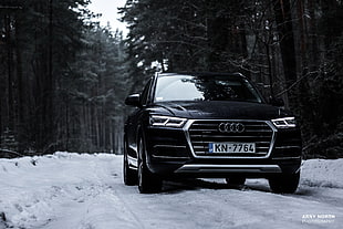 black Audi car, Audi Q5, snow, Latvia, forest HD wallpaper