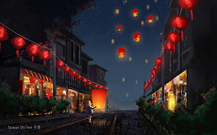 red candle lantern lot illustration HD wallpaper