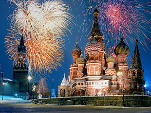 St. Basil's Cathedral, Moscow, Russia, fireworks HD wallpaper