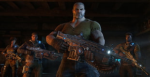 digital wallpaper of three men and one woman holding weapons