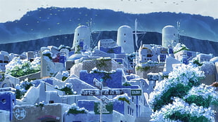 purple and blue village, Nagi no Asukara, anime, cityscape
