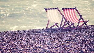 two wooden framed lounge chairs, photography, water, coast, beach