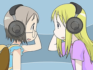 two female anime character with black headsets HD wallpaper