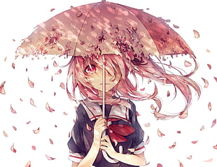 female anime character with pink hair holding open umbrella