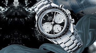 round silver-colored Omega chronograph watch with link band, watch, luxury watches, Omega (watch) HD wallpaper