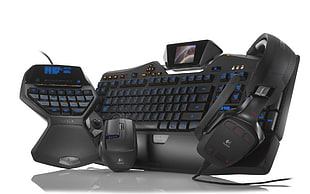 black Logitech gaming keyboard; mouse and headset