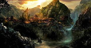 landscape of city near waterfalls digital wallpaper, digital art, landscape, fantasy art, fantasy city HD wallpaper