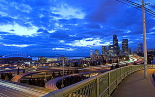 gray metal utility post, cityscape, Turn, bridge, Seattle HD wallpaper