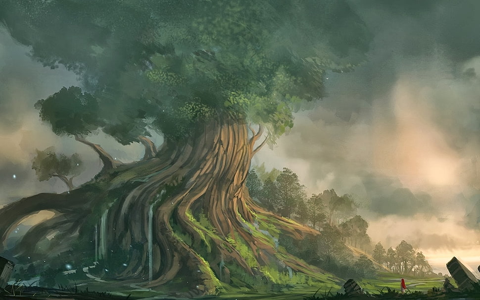 green and brown abstract painting, fantasy art, trees, nature HD wallpaper