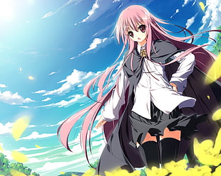 female anime character with pink hair wearing black and white suit