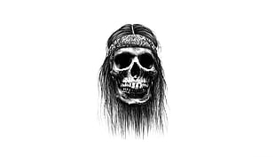 human skull with hair illustration, minimalism, artwork, skull, white background