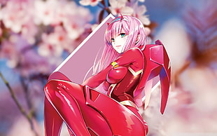 pink-haired female anime character, Zero Two (Darling in the FranXX), Code:002, Darling in the FranXX, sakura (tree)