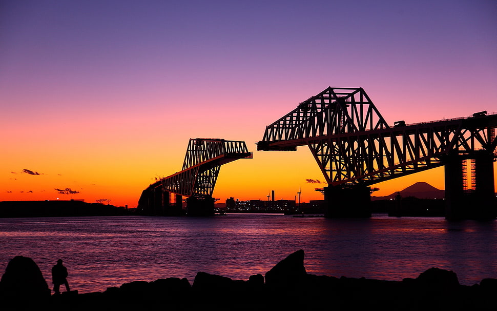 black and white table lamp, sunset, bridge HD wallpaper