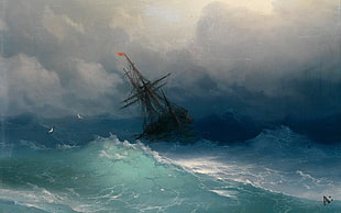 ship on ocean painting, storm, sailing ship, Ivan Konstantinovich Aivazovsky