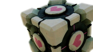 black and white heart print box, Companion Cube, video games, Portal (game), Portal 2