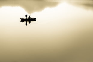 silhouette of two people in boat fishing during daytime HD wallpaper