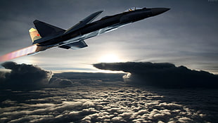 photograph of gray jet on top of clouds