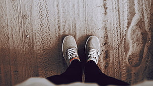 pair of gray low-top lace-up shoes, shoes, sand, tights, footprints