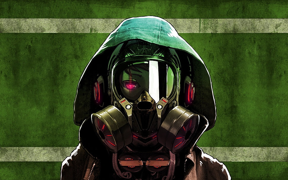 character wearing gas mask wallpaper, anime, gas masks, original characters, green HD wallpaper