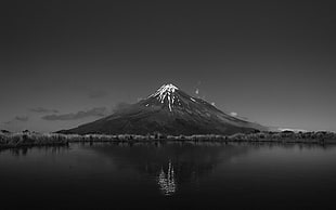 grayscale landscape photography of a volcano