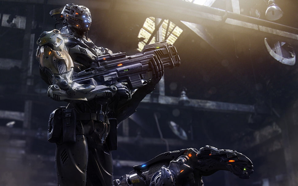 Robot holding gun 3D wallpaper HD wallpaper