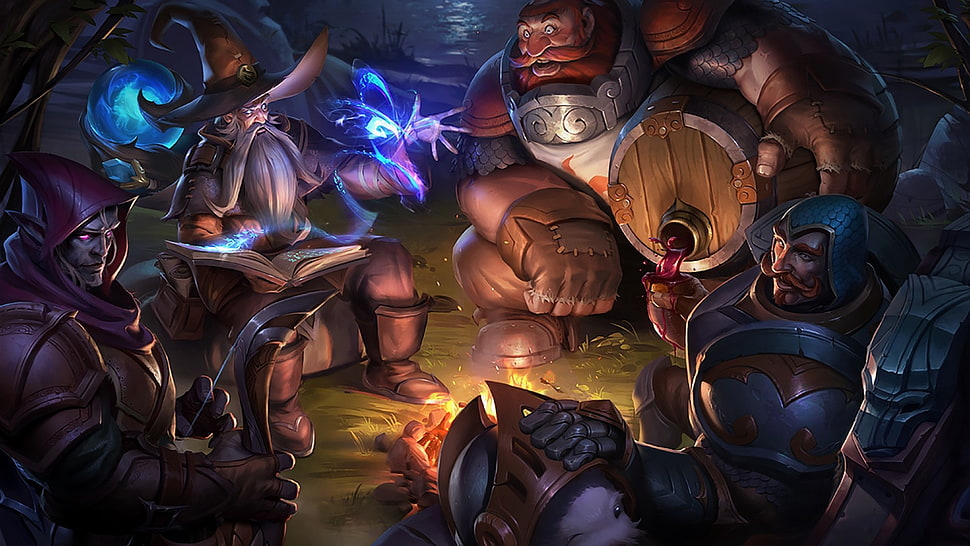 mage, swordsman, assassin, barbarian, and dwarf sitting in front of bonfire wallpaper, League of Legends, fantasy art, video games HD wallpaper
