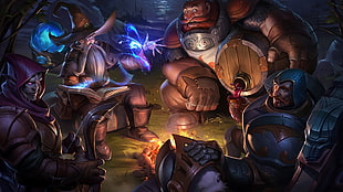 mage, swordsman, assassin, barbarian, and dwarf sitting in front of bonfire wallpaper, League of Legends, fantasy art, video games