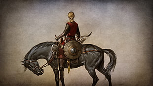 man riding on horse holding sword painting