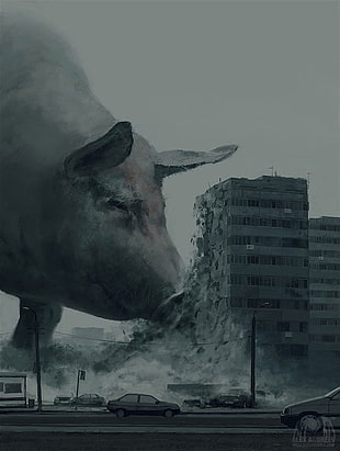 gray and black short coated dog, surreal, artwork, concept art, Alexey Andreev