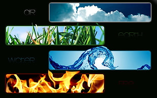 clouds, fire, grass, and water photo collage