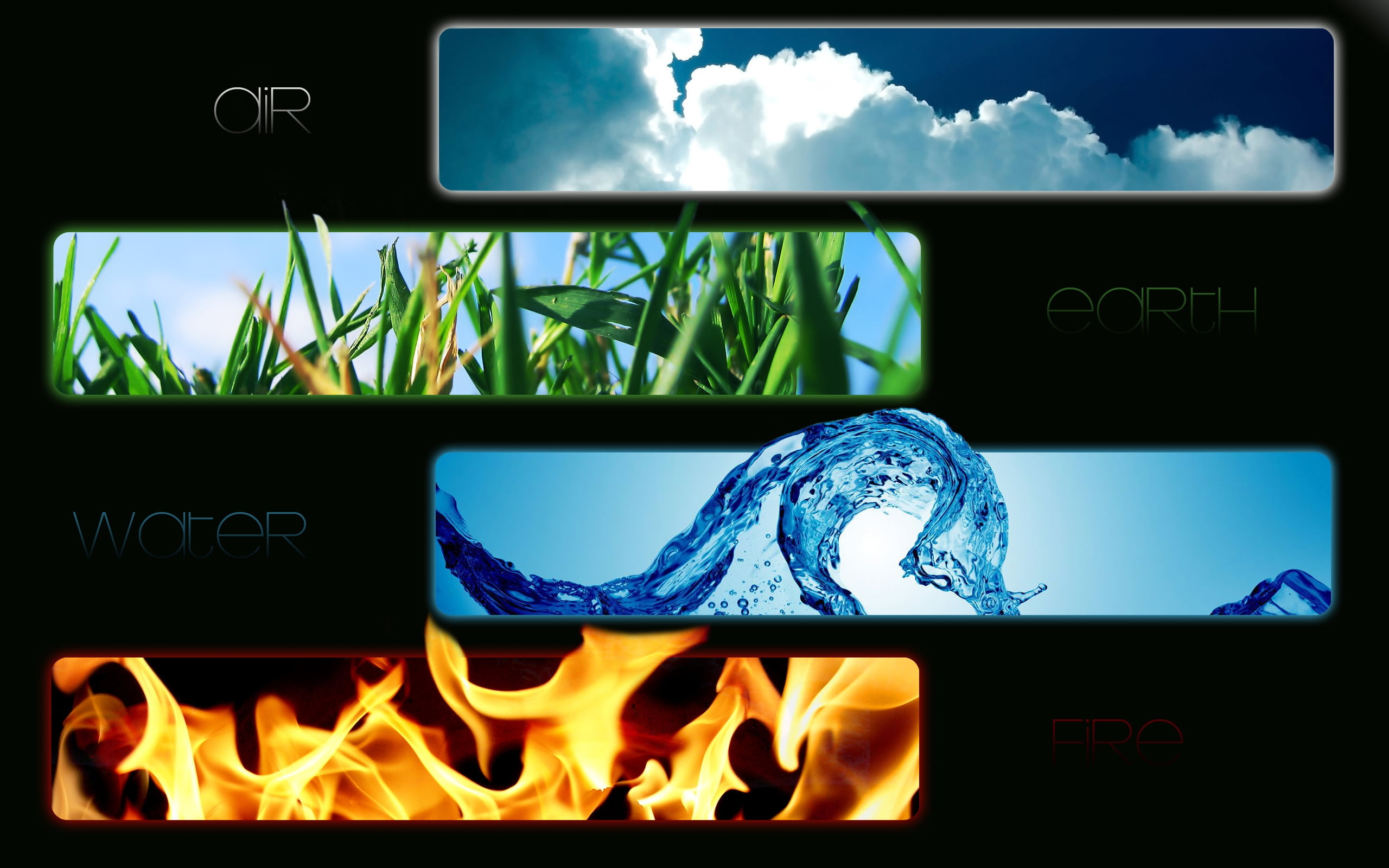 clouds, fire, grass, and water photo collage