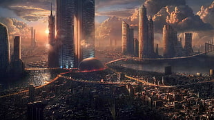 aerial view photo of city, city, futuristic, futuristic city, digital art