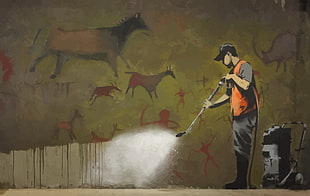 painting of person holding pressure washer, street art, Banksy, graffiti