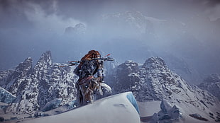 man stand on cliff mountain coated snow, Horizon: Zero Dawn, video games