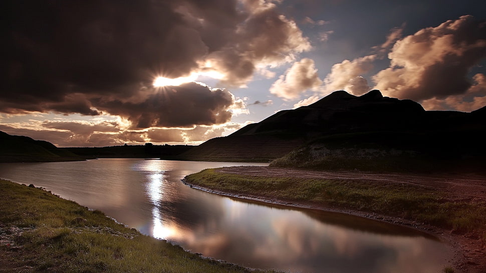 river and mountain, lake, clouds, landscape HD wallpaper