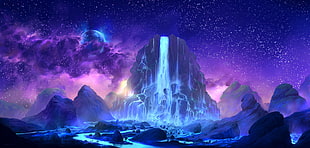 blue waterfall near mountains digital wallpaper
