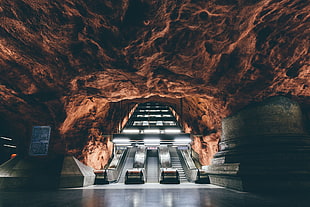 stainless steel escalators, underground, subway, escalator, rock formation HD wallpaper