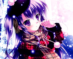 anime girl character with purple hair and red and black plaid coat