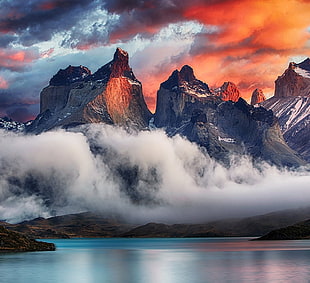 mountain near body of water during golden hour, mountains, Torres del Paine, Patagonia, Chile