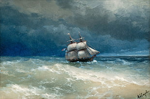 brown and black short coated dog, sea, ship, Ivan Aivazovsky, painting