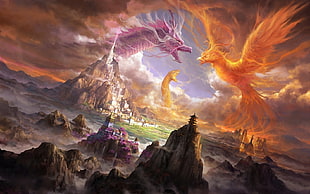purple dragon and phoenix illustration, fantasy art, phoenix, dragon