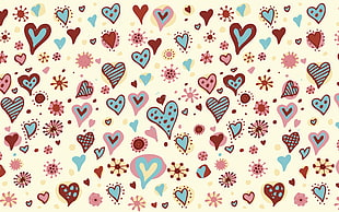 red, pink and blue heart printed canvas HD wallpaper