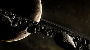 black meteors and brown planet, digital art, space, planet, asteroid HD wallpaper