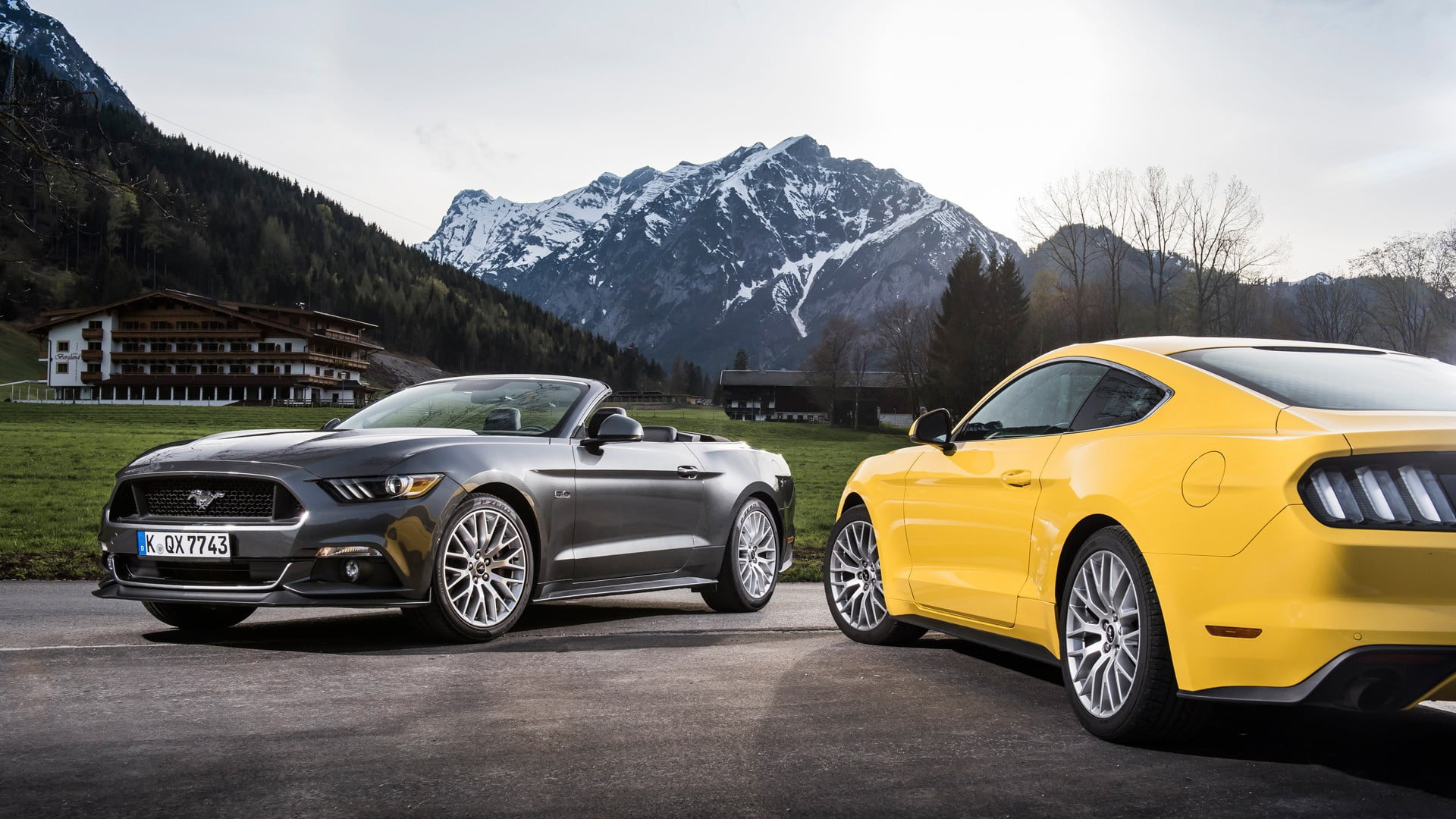 gray Ford Mustang convertible and yellow Ford Mustang muscle cars