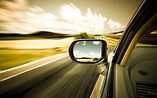 gray vehicle wing mirror, car, motion blur, mirror, long exposure