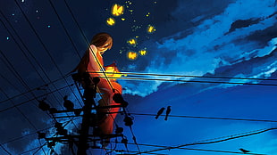 female anime character in dress digital wallpaper, butterfly, utility pole, sunset, original characters