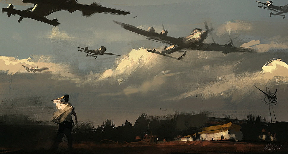 gray airplane lot painting, aircraft, World War II, Darek Zabrocki , military aircraft HD wallpaper