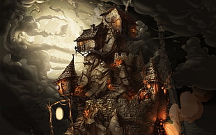houses on cliff surrounded with dark clouds digital wallpaper, castle, fantasy art